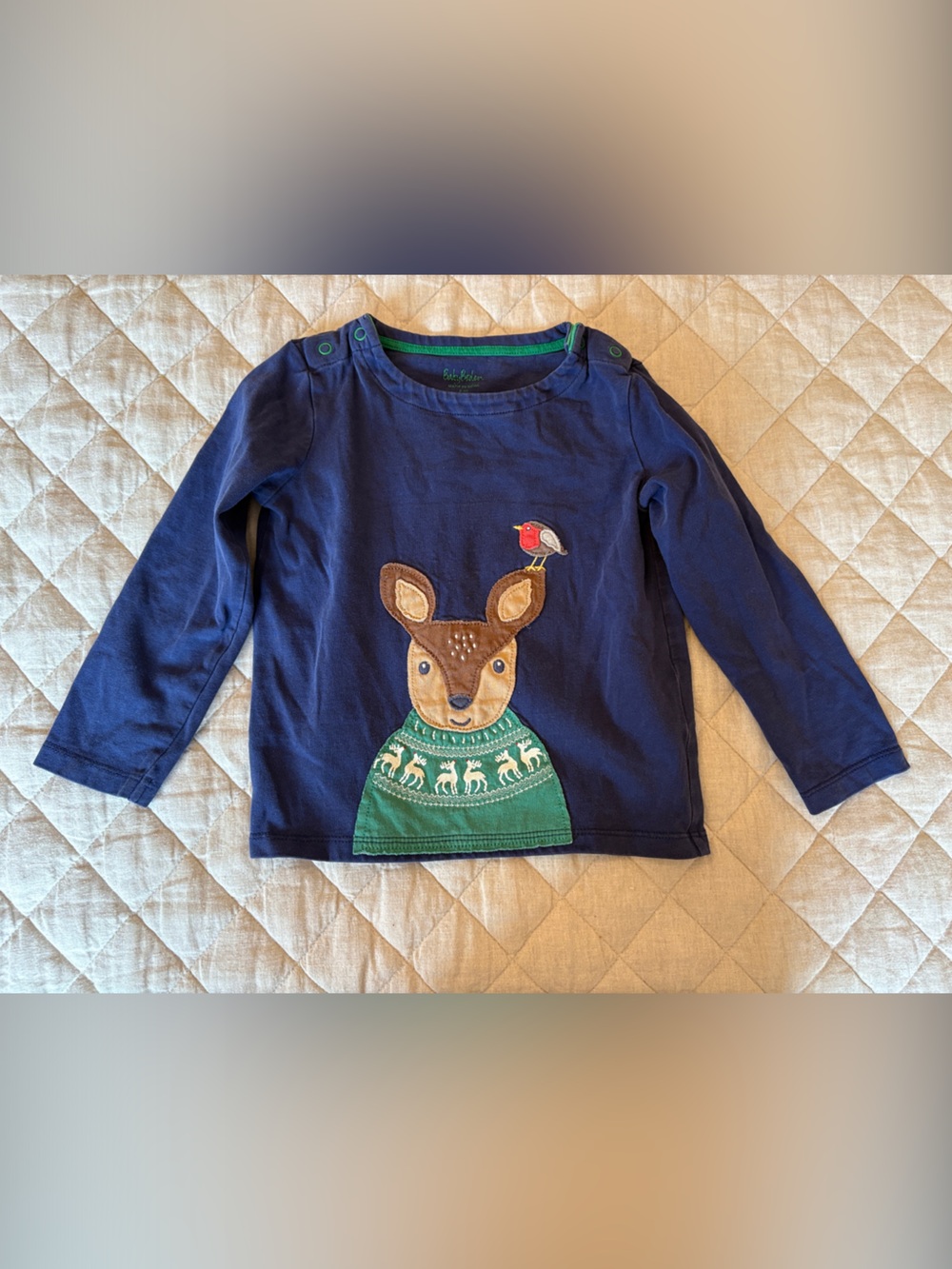 Baby Boden Navy Long-Sleeve Top with Deer and Robin Applique